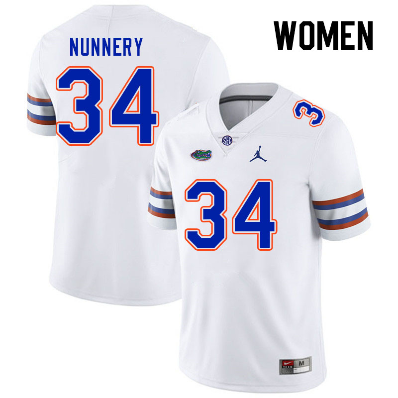 Women #34 Mannie Nunnery Florida Gators College Football Jerseys Stitched-White - Click Image to Close